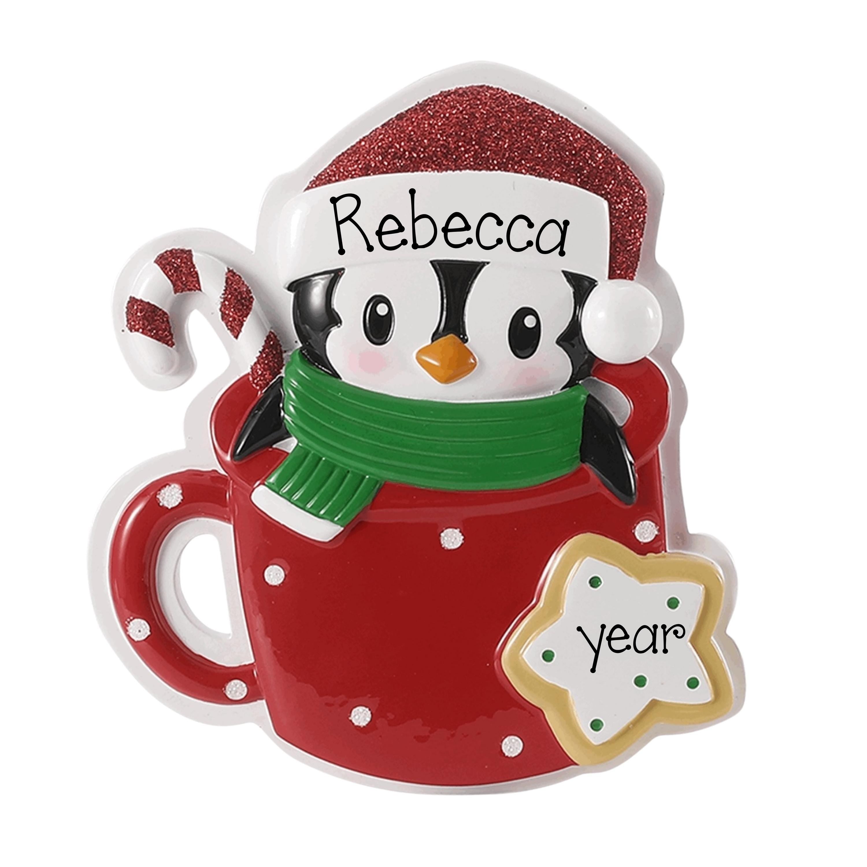 Cute Penguin in a Red Mug Personalized Christmas Ornament
