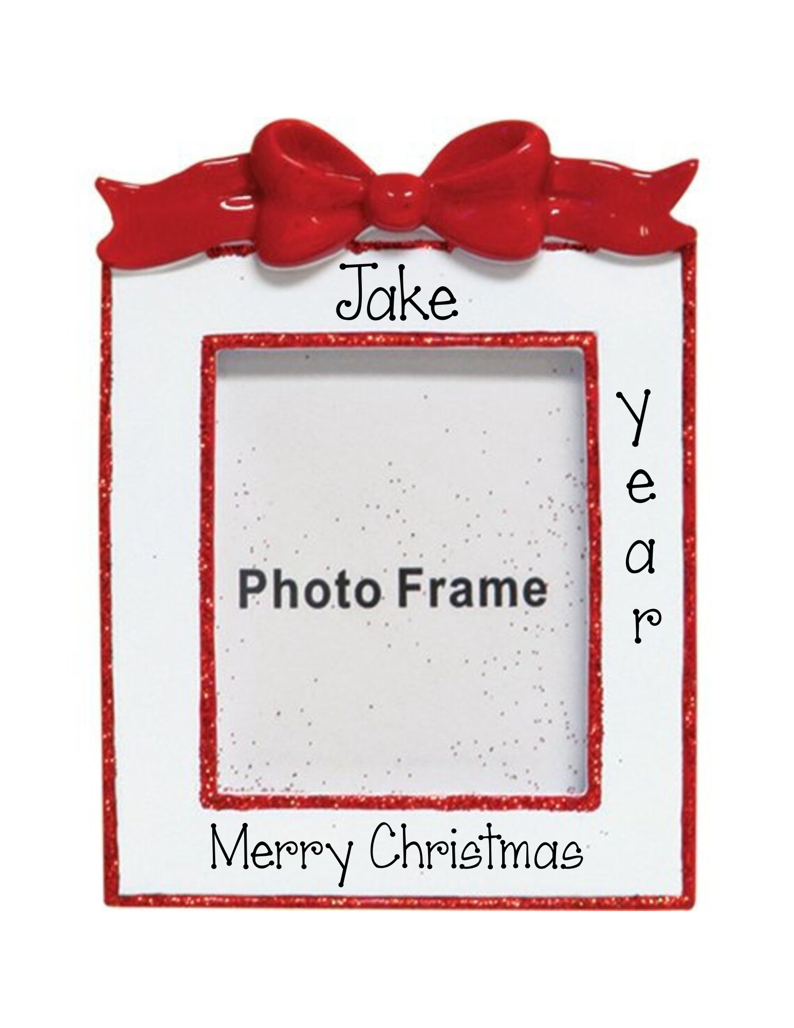 Christmas Red Bow Picture Frame Personalized Ornament with a Red Glitter Trim