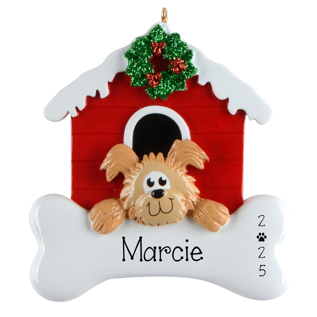 Personalized Tan DOG in Red Doghouse Christmas Ornament ~ Personalized Yellow Dog Christmas Ornaments