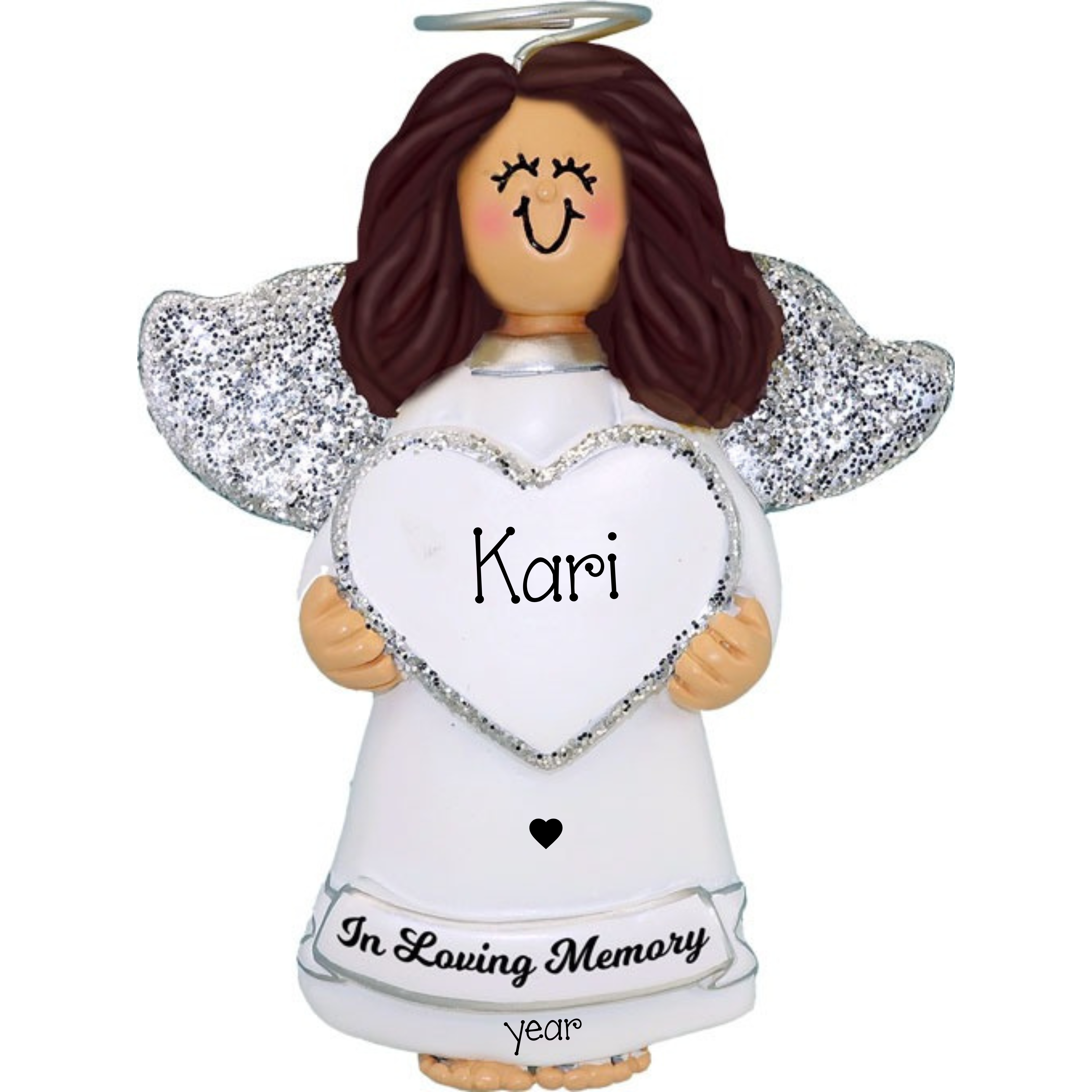 Personalized Brunette Angel with Silver Glitter Wings Christmas Ornament