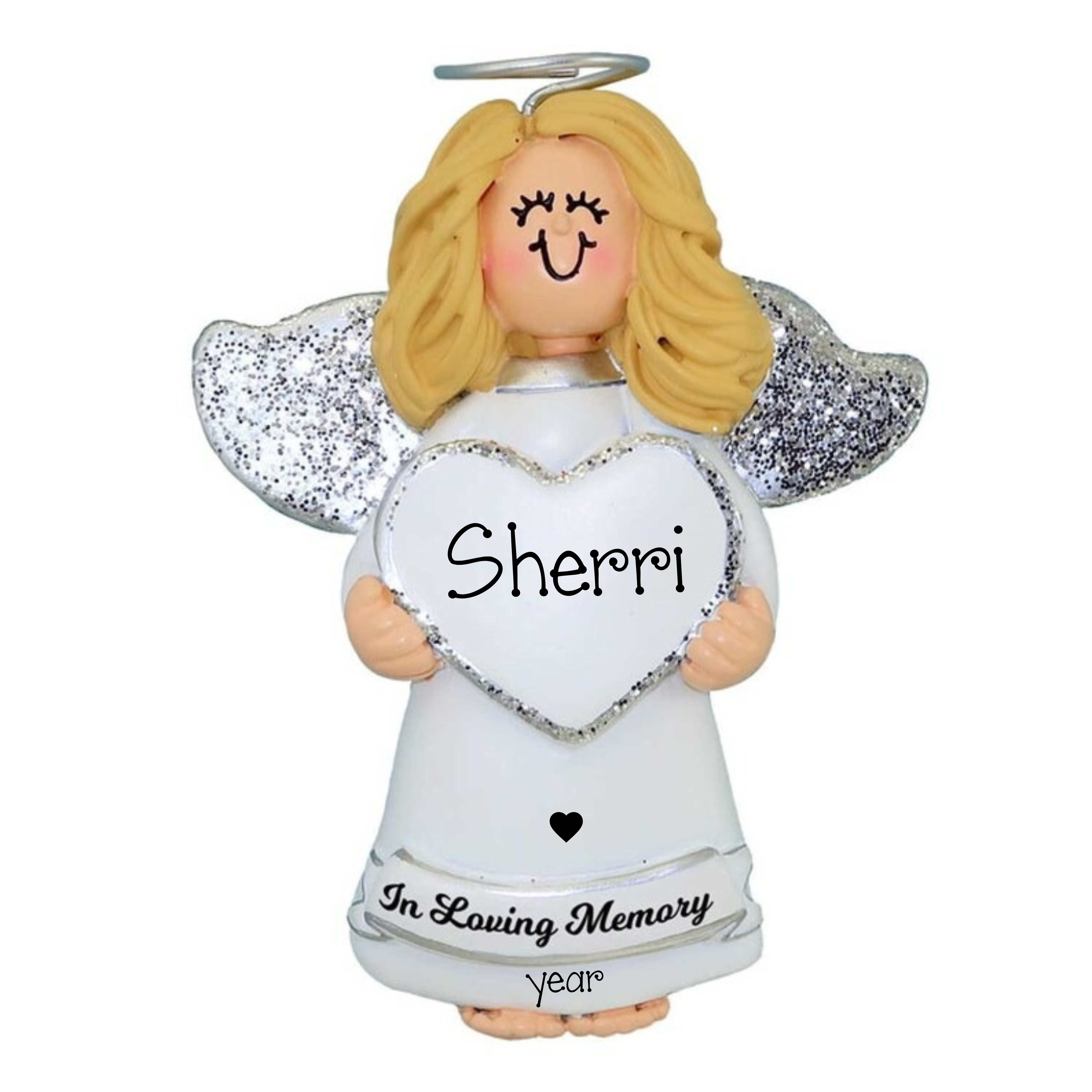 Personalized Blonde Angel with Silver Glitter Wings Christmas Ornament