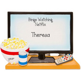 Big Screen TV with a bowl of Pop Corn and Drink - Personalized Ornament