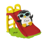 Personalized Red Slide Christmas Ornament ~ Girl Ornament ~ Boy Ornament ~ Playing at the Park ~ Penguin Sliding down a Slide