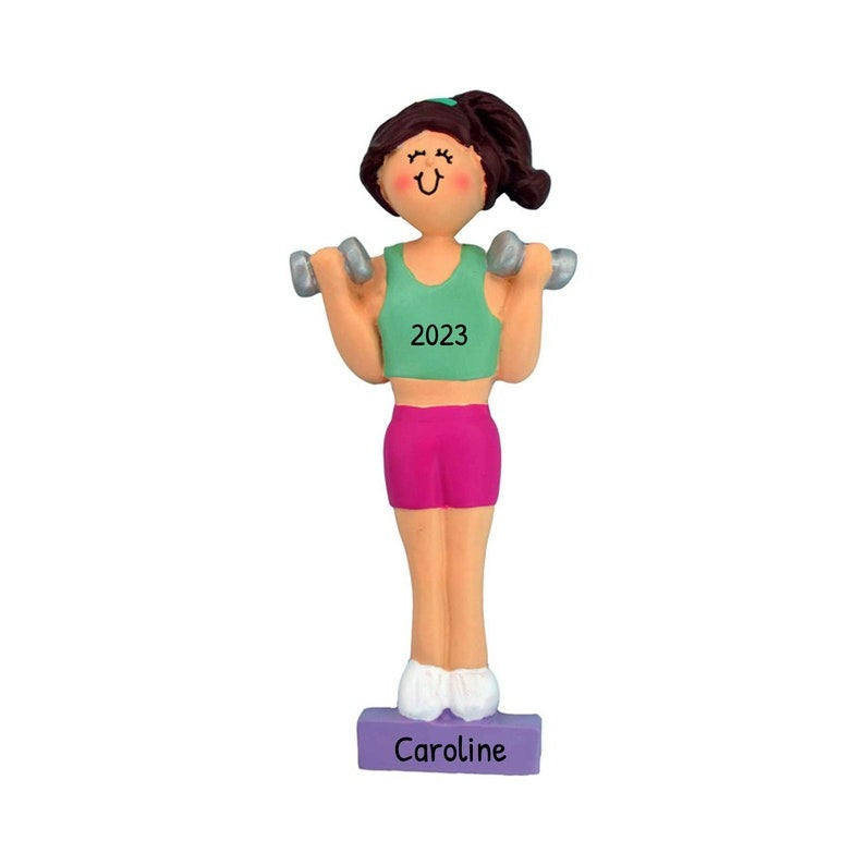 Brunette Female woman working Out with Dumbells~Personalized Ornament~Weight Lifting ~ Weight Lifter (Copy)