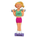 Blonde Female woman working Out with Dumbells~Personalized Ornament~Weight Lifting ~ Weight Lifter