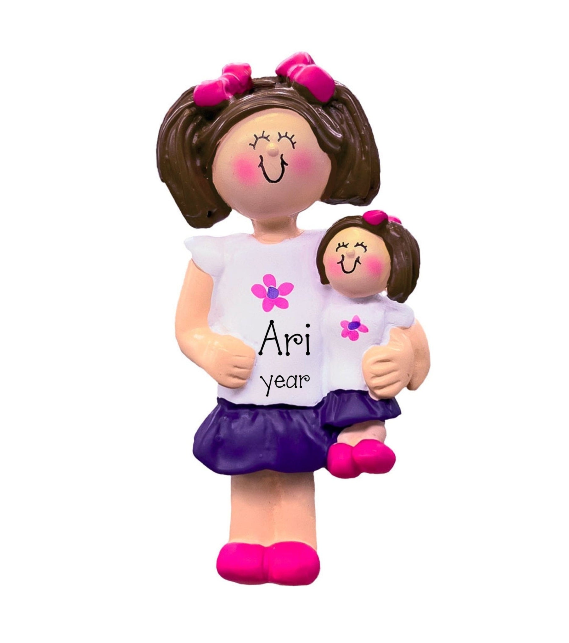 Little Girl Brunette Holding her Baby Doll Personalized Christmas Ornament ~ American Girl Doll Ornament