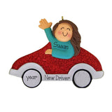 Personalized Brunette Female New Driver Ornament ~ Drivers License Christmas Ornament