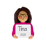 Brunette Girl with glasses Personalized Ornament for Christmas