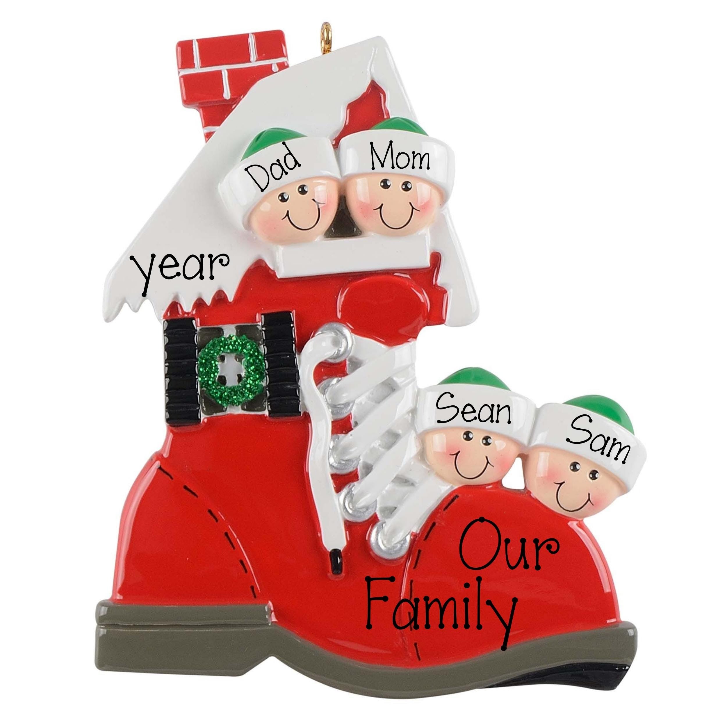 Family of 4 in a Red Shoe Personalized Christmas Ornament ~ Family of 4 in a Red Boot ~ Humorous Family Ornament ~ Single Parent Ornament