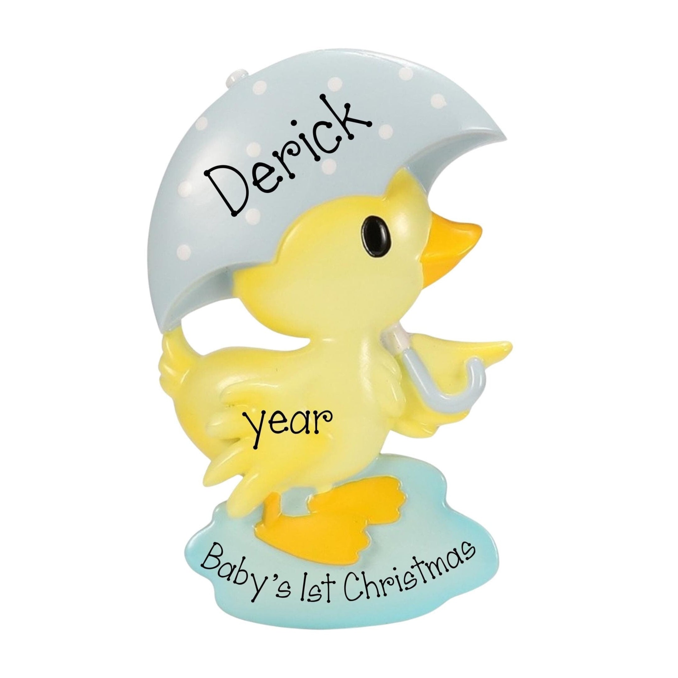 Personalized Baby Boy Duck Christmas Ornament ~ Yellow Duck with Blue Umbrella ~ Baby Boy's 1st Christmas Ornament ~ Baby Ornament