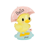 Personalized Baby Girl Duck Christmas Ornament ~ Yellow Duck with Pink Umbrella ~ Baby Girl's 1st Christmas Ornament ~ Baby Ornament