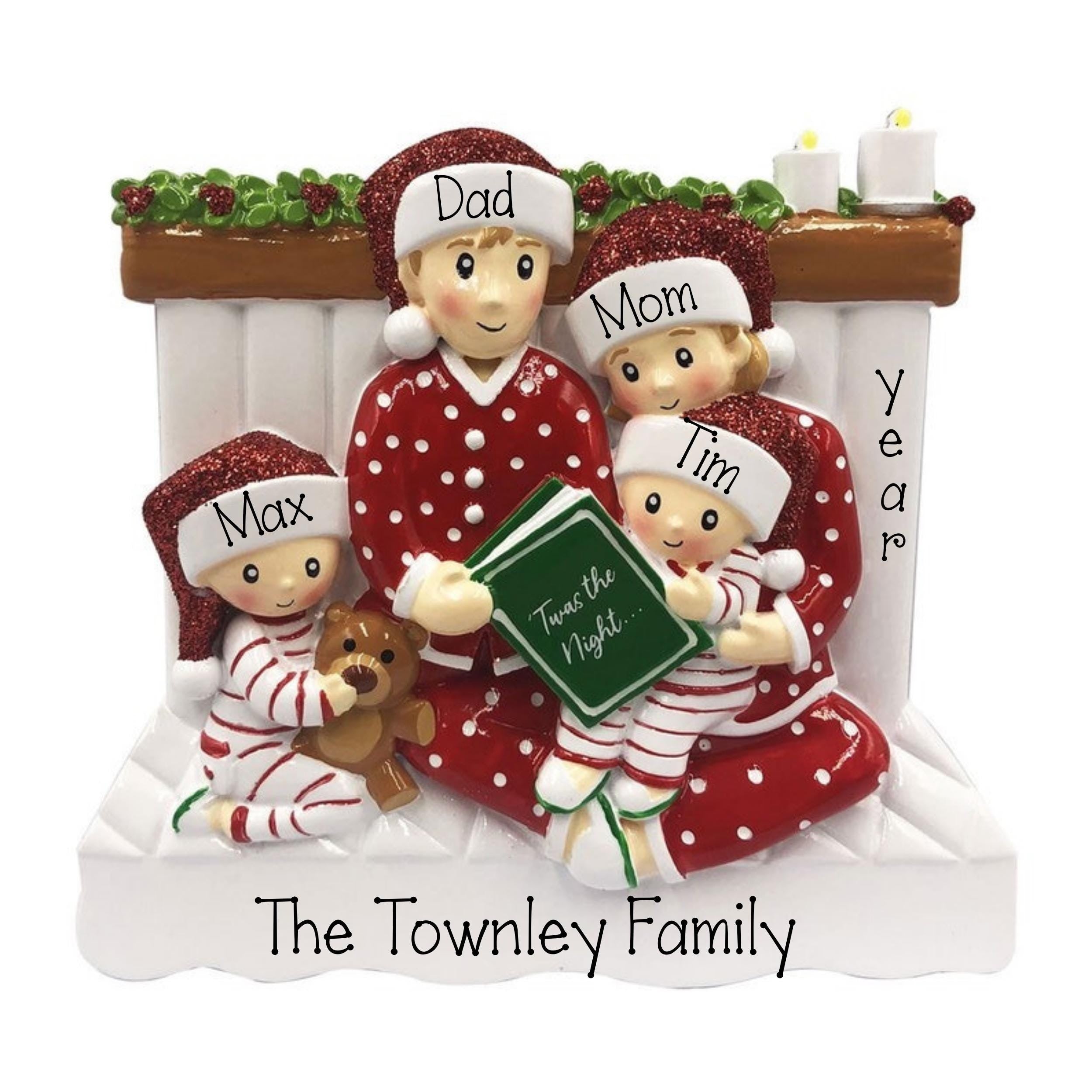Reading In Bed Family of 4 Personalized Christmas Ornament ~ Family Of 4 Christmas Ornament ~ Personalized Family Gifts ~ Christmas Family
