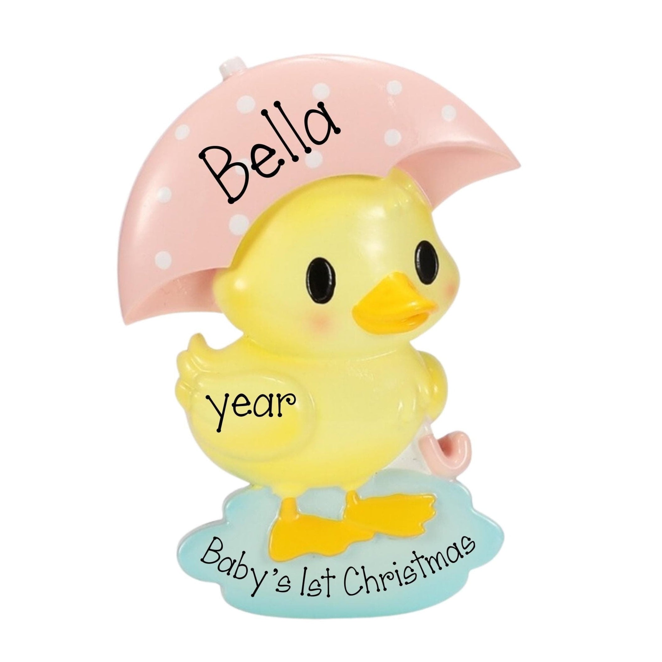 Personalized Baby Girl Duck Christmas Ornament ~ Yellow Duck with Pink Umbrella ~ Baby Girl's 1st Christmas Ornament ~ Baby Ornament