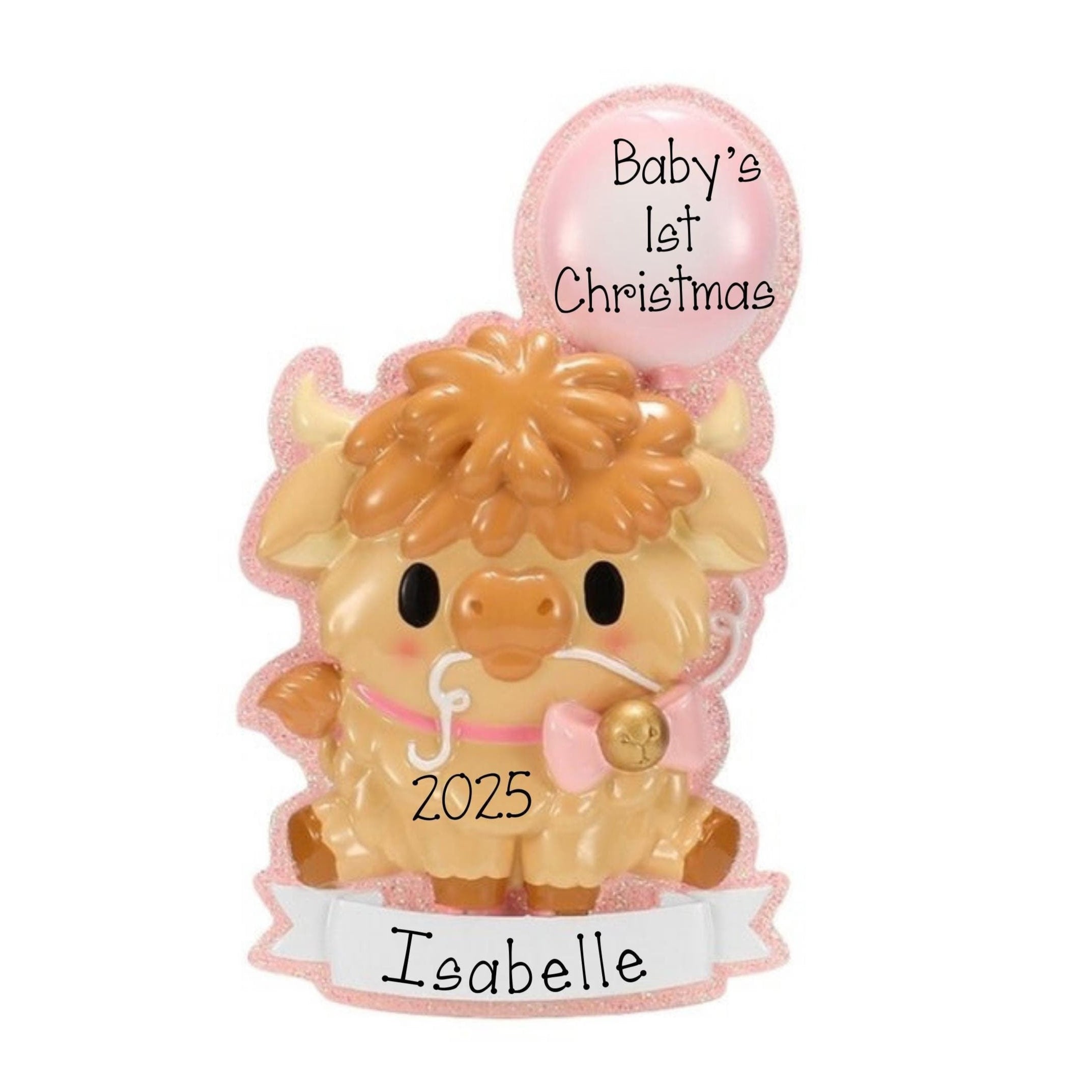 Personalized Baby Girl Highland Cow Ornament~Highland Cow Ornament~Baby's 1st Christmas Ornament ~Baby Shower Gift~Baby Girl 1st Christmas