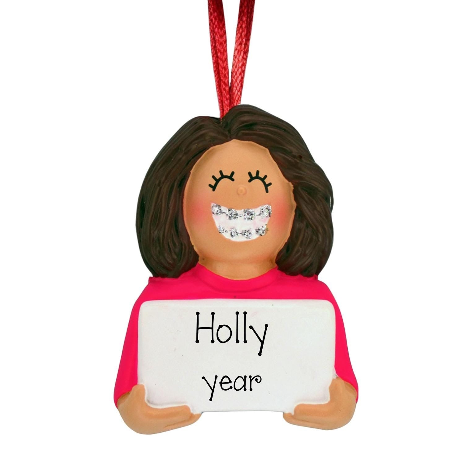 Brunette Girl with Braces Personalized Christmas Ornament ~ Brace Face ~ Orthodontist ~ Tin is In ~ Metal Mouth ~ Perfect Smile