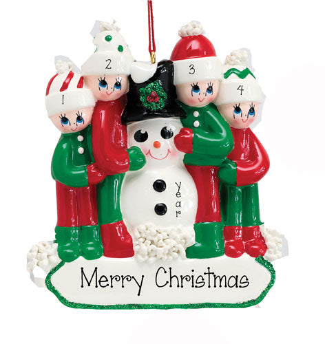 Building a Snowman~Family of 4~Personalized Ornament