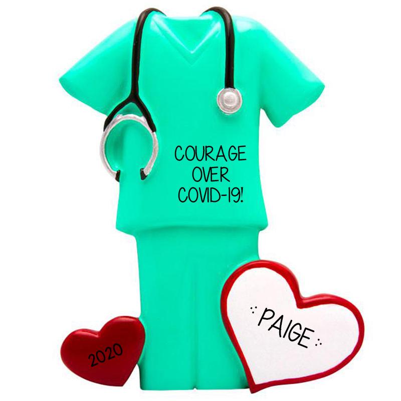 COVID-19 GREEN SCRUBS w/ STETHOSCOPE - Personalized Christmas Ornament