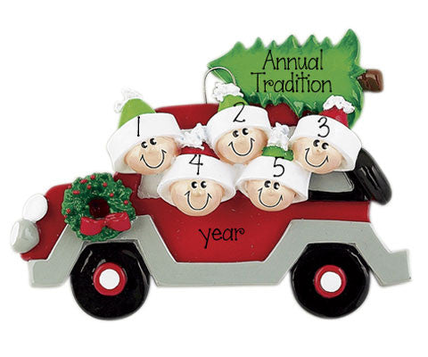 Family of 5 Red Car~Personalized Christmas Ornament