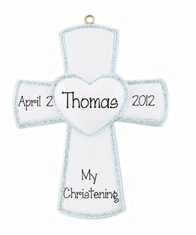 Cross Trimmed in Blue Glitter~Personalized Christmas Ornament