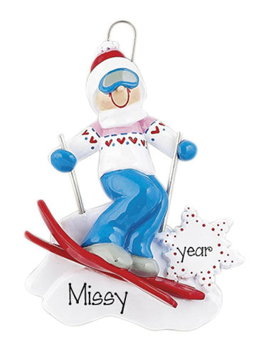 FEMALE SNOW SKIING ORNAMENT DRESS IN BLUE/ MY PERSONALIZED ORNAMENTS