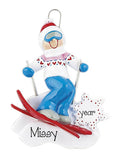FEMALE SNOW SKIING ORNAMENT DRESS IN BLUE/ MY PERSONALIZED ORNAMENTS