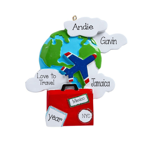 Travel around the world with an airplane, suitcase and the globe- Personalized Ornament