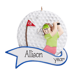 Brunette Woman Golfer ~ Personalized Christmas Ornament