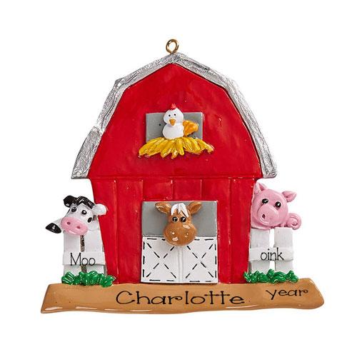 Down on the farm with a red barn with farm animals~Personalized Christmas Ornament