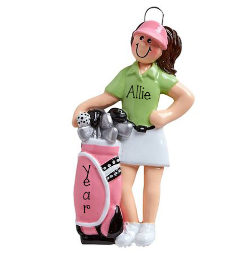 Female Golfer with a Pink Golf Bag ~ Personalized Christmas Ornament