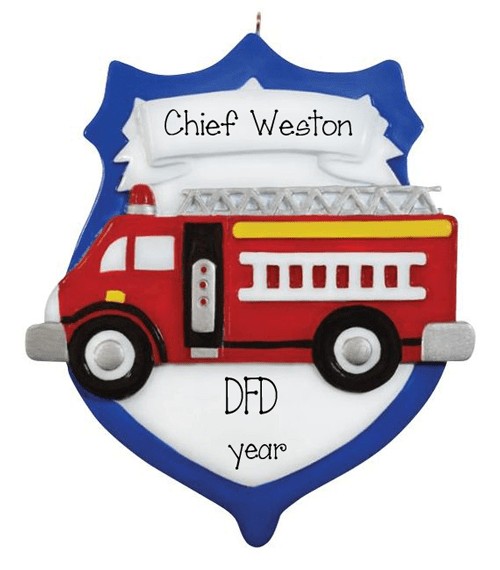 Fire Truck on a Blue Badge ~ Personalized Christmas Ornament