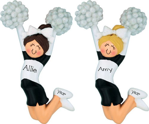 CHEERLEADER with Black Glitter Pom Poms ~ Personalized Ornament