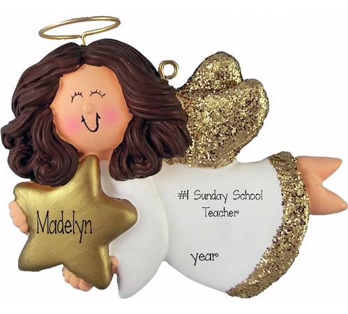 Sunday school teacher, ANGEL TRIMMED IN GOLD, Brunette, MY PERSONALIZED CHRISTMAS ORNAMENT
