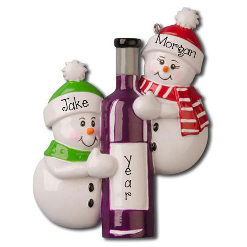 SNOWMAN COUPLE with BOTTLE OF WINE~Personalized Ornament