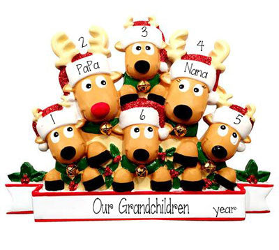 Reindeer Grandparents with 4 Grandkids~Personalized Ornament