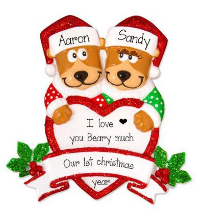 Brown Bear Couple Trimmed in Red Glitter~Personalized Ornament
