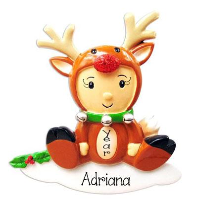 Baby Girl Rudolph with Red Glitter Nose ~ Personalized Christmas Ornament