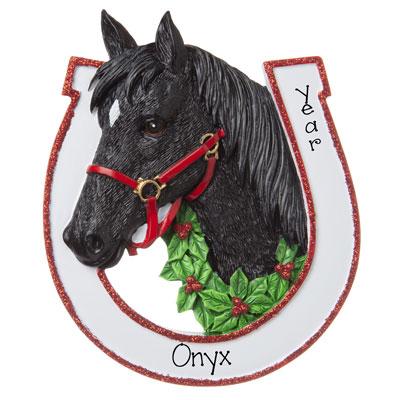 Black Horse in a White Horse Shoe-Personalized Ornament