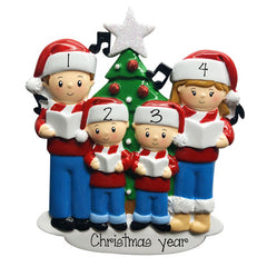 Caroling Family of 4 in front of Christmas Tree and Glittered Star-Personalized Ornaments
