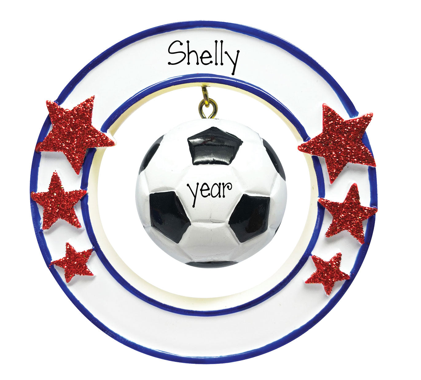 soccer hanging in a circle with red glitter starspersonalized ornament