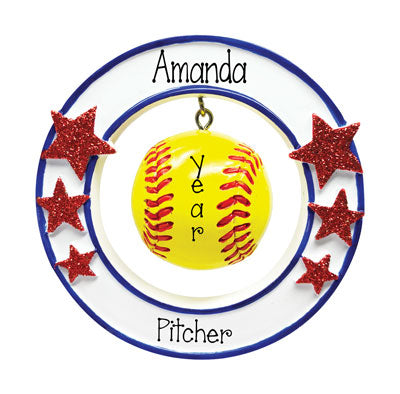 Softball 3-dimensional hanging in a circle with red glitter starspersonalized ornament