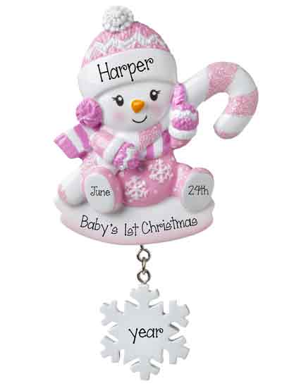 Pink Snowbaby with Pink Candy Cane-Personalized Ornament