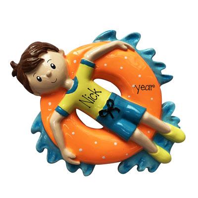 Boy floating on inner tube on the water- personalized ornament