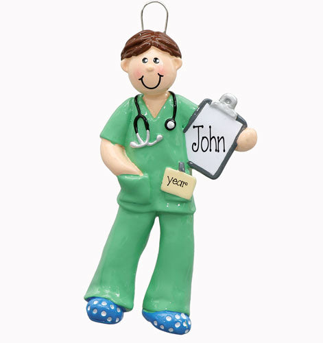 MALE NURSE in Green Scrubs~Personalized Christmas Ornament