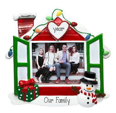 Red and Green House Photo Frame with a snowman on the porch