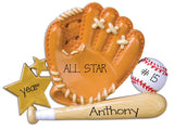 BASEBALL GLOVE & MITT, PERSONLAIZED CHRISTMAS ORNAMENT