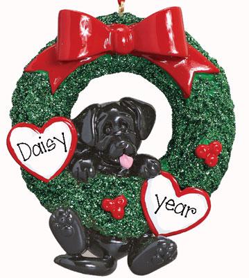 Black Dog  in Green Wreath -Personalized Christmas Ornament