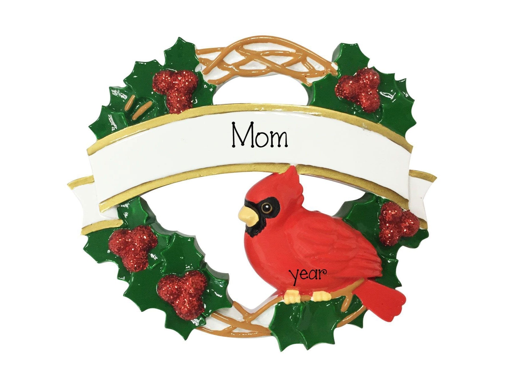 Cardinal bird on a Wreath~Personalized Christmas Ornament