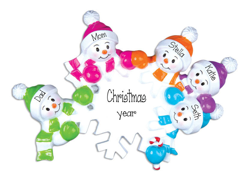 FAMILY OF 5 COLORFUL SNOWMEN - Personalized Ornament