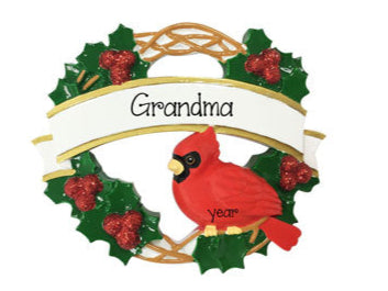 Cardinal bird on a Wreath for Grandma~Personalized Christmas Ornament