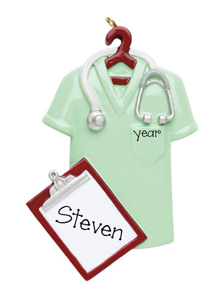 GREEN SCRUBS WITH CLIPBOARD AND STETHOSCOPE PERSONALIZED ORNAMENT